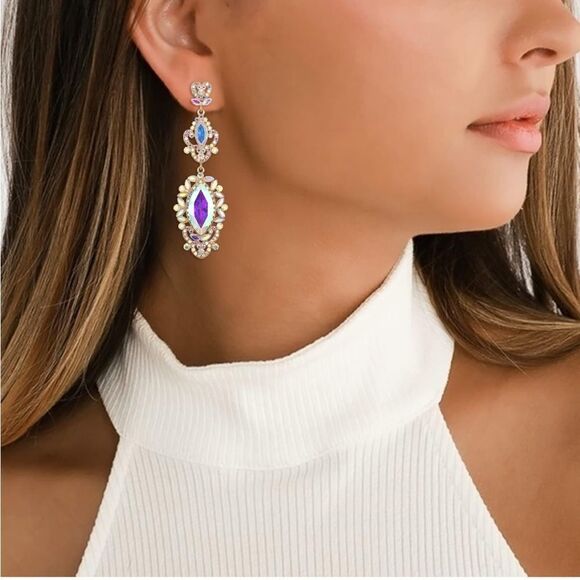 Yellow Gold with Iridescent AB Crystal Art Deco Chandelier Post Back Earrings - Picture 3 of 5